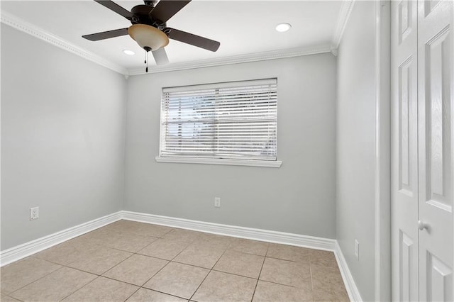 4933 Sanford St, Metairie, LA 70006 - empty room with crown molding, light tile patterned floors, ceiling fan, baseboards, and recessed lighting