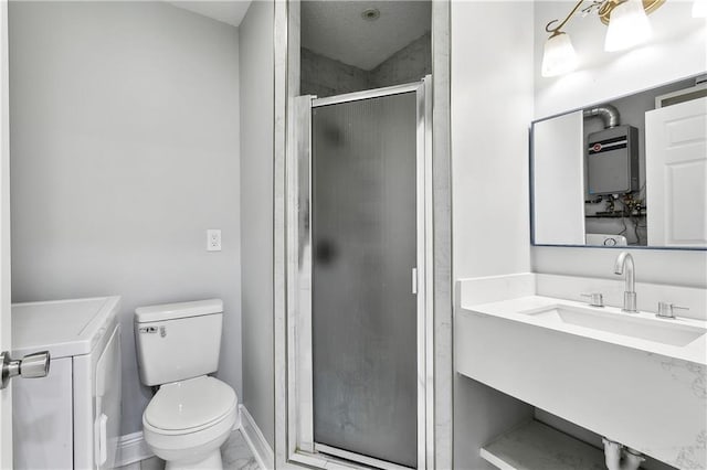 4933 Sanford St, Metairie, LA 70006 - bathroom with a stall shower, toilet, water heater, washer / clothes dryer, and baseboards