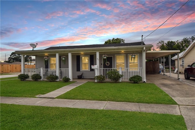 ranch-style house with a porch, concrete driveway, and an attached carport