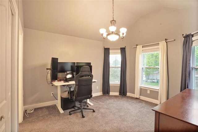 700 Kent Ave, Metairie, LA 70001 - home office featuring vaulted ceiling, a chandelier, carpet floors, and baseboards