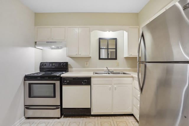 kitchen featuring stainless steel appliances, under cabinet range hood, a sink, white cabinets, and light countertops