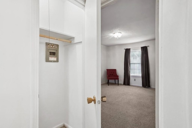 hallway featuring carpet floors and baseboards