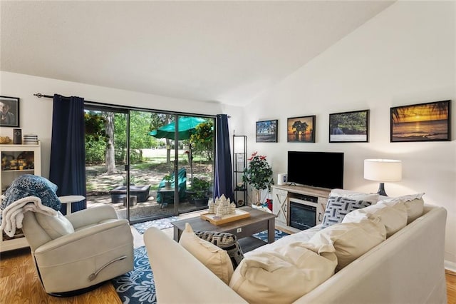 living area featuring lofted ceiling, wood finished floors, and a glass covered fireplace