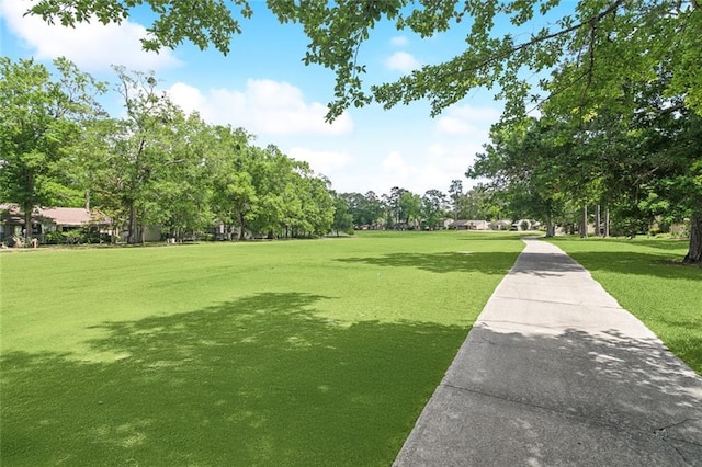 view of community featuring a yard and view of wooded area