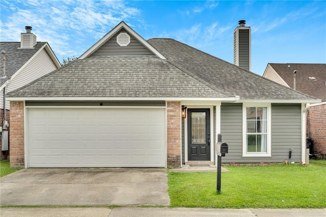 3737 James Victor Dr, Baton Rouge, LA 70817 - view of front of home featuring an attached garage, concrete driveway, a shingled roof, brick siding, and a front lawn