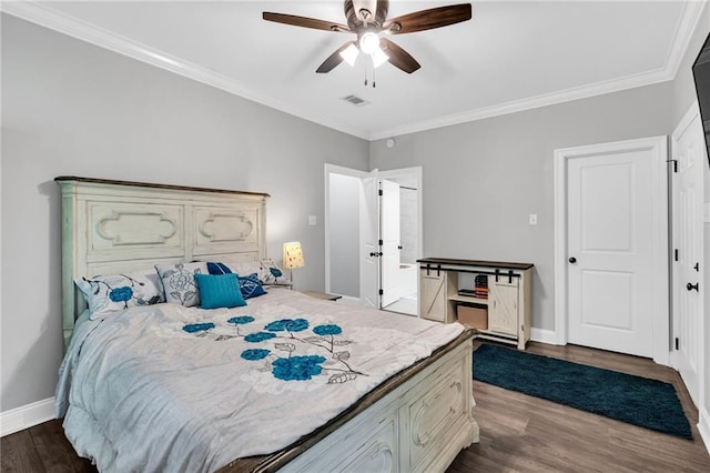 3986 Main St, Zachary, LA 70791 - bedroom with dark wood-type flooring, baseboards, crown molding, and a ceiling fan