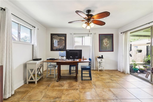 6417 Kawanee Ave, Metairie, LA 70003 - office area with ceiling fan, crown molding, and baseboards