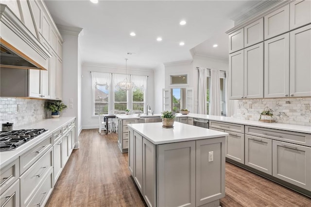 336 Rue St, Emilion, Covington, LA 70433 - kitchen featuring custom range hood, stainless steel appliances, crown molding, gray cabinetry, and a sink