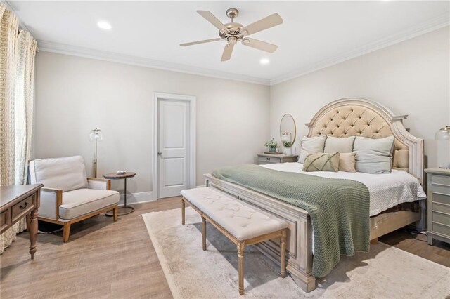 336 Rue St, Emilion, Covington, LA 70433 - bedroom with light wood-type flooring, recessed lighting, crown molding, baseboards, and ceiling fan