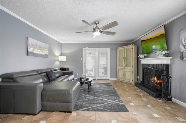 126 Silverwood Dr, Slidell, LA 70461 - living area featuring crown molding, ceiling fan, a brick fireplace, a textured ceiling, and baseboards