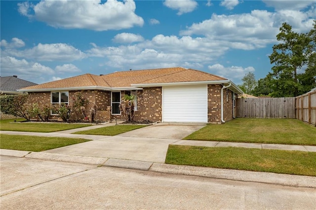 ranch-style home featuring concrete driveway, brick siding, and a garage