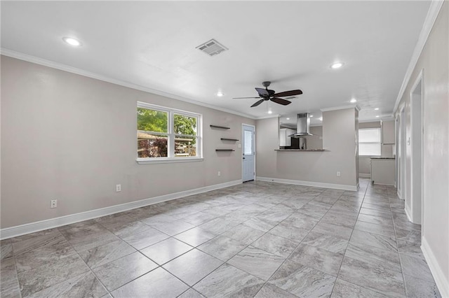 unfurnished living room with crown molding, baseboards, ceiling fan, recessed lighting, and light marble finish flooring