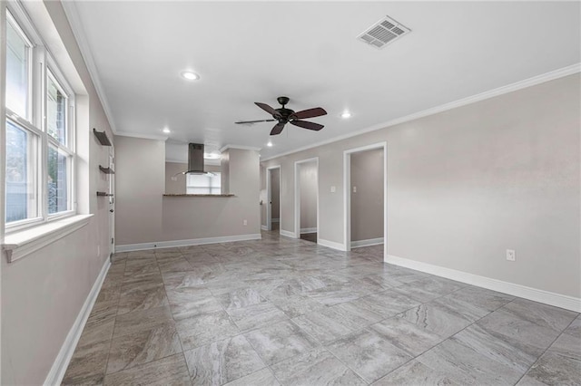 unfurnished room with crown molding, recessed lighting, baseboards, and ceiling fan