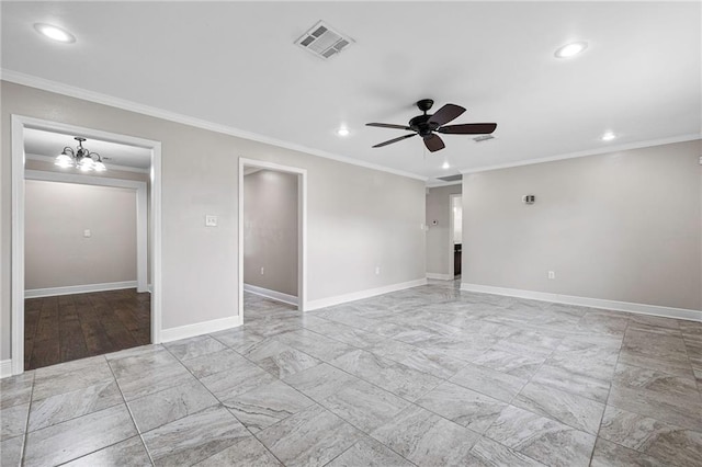 spare room featuring recessed lighting, a ceiling fan, marble finish floors, ornamental molding, and baseboards