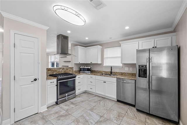 kitchen with stainless steel appliances, extractor fan, a sink, crown molding, and white cabinetry