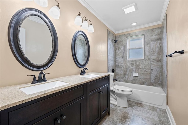 full bath with ornamental molding, toilet,  shower combination, double vanity, and baseboards
