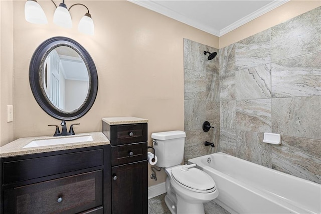 bathroom featuring ornamental molding, toilet, shower / bath combination, and vanity