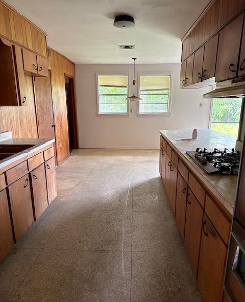 2258 General Collins Ave, New Orleans, LA 70114 - kitchen with a sink, gas cooktop, wood walls, pendant lighting, and brown cabinetry