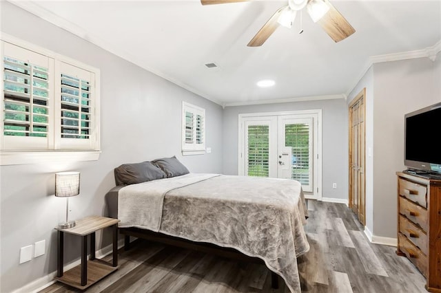 19635 Sunshine Ave, Covington, LA 70433 - bedroom with access to outside, wood finished floors, crown molding, french doors, and ceiling fan