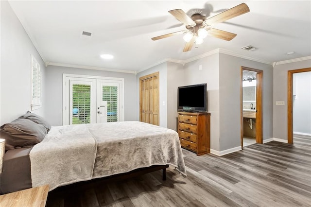 19635 Sunshine Ave, Covington, LA 70433 - bedroom with access to exterior, wood finished floors, french doors, crown molding, and a ceiling fan