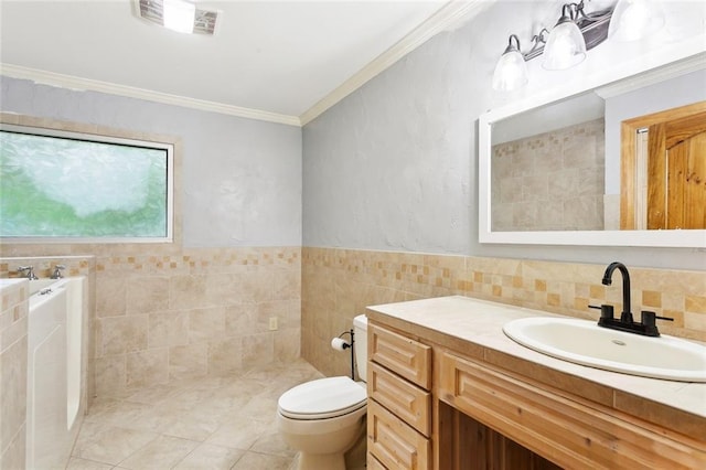 19635 Sunshine Ave, Covington, LA 70433 - full bathroom featuring tile walls, vanity, ornamental molding, tile patterned flooring, and a bath