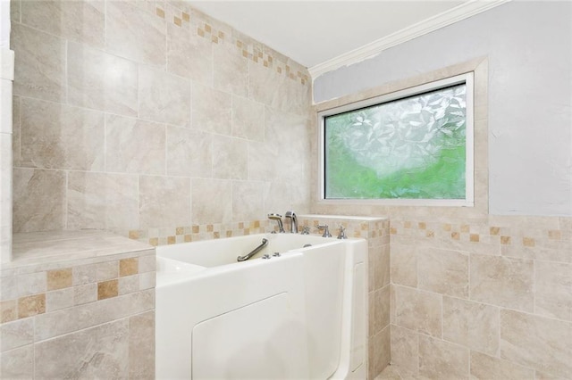 19635 Sunshine Ave, Covington, LA 70433 - bathroom featuring crown molding, a garden tub, and tile walls