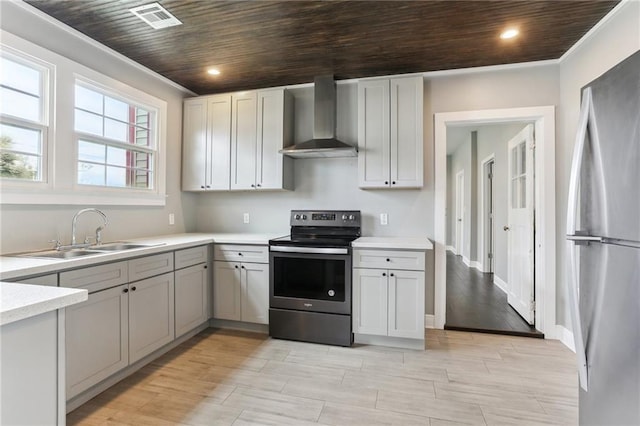 629 Lesseps St, New Orleans, LA 70117 - kitchen featuring appliances with stainless steel finishes, wall chimney range hood, a sink, light countertops, and wooden ceiling