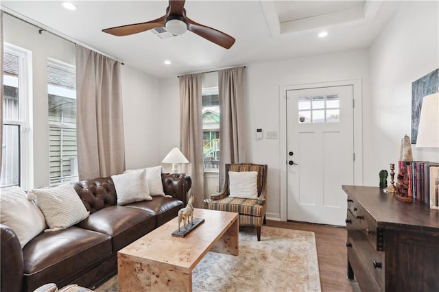 240810 Saint Anthony St, New Orleans, LA 70119 - living room featuring wood finished floors, attic access, recessed lighting, and ceiling fan