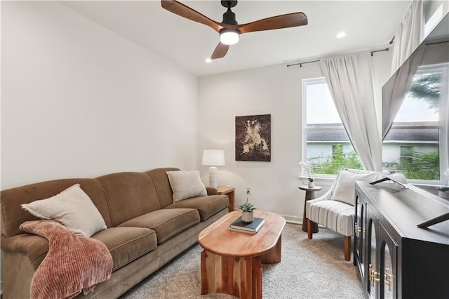 240810 Saint Anthony St, New Orleans, LA 70119 - living room with healthy amount of natural light, ceiling fan, light carpet, and recessed lighting