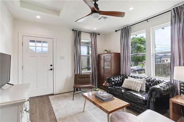 240810 Saint Anthony St, New Orleans, LA 70119 - living area featuring healthy amount of natural light, wood finished floors, recessed lighting, ceiling fan, and baseboards