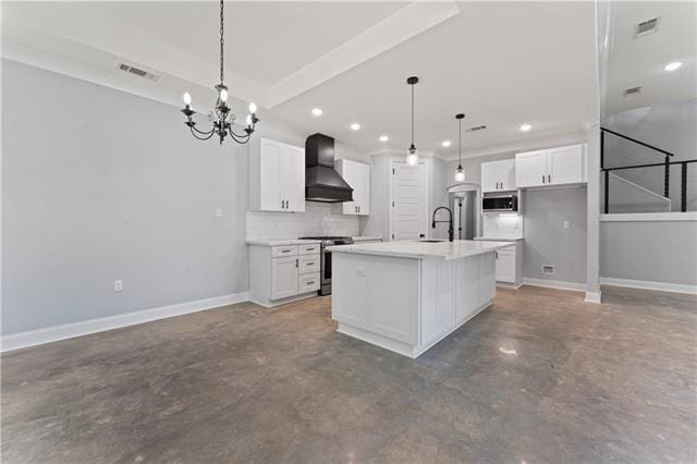 43448 Springwood Way, Hammond, LA 70401 - kitchen featuring premium range hood, appliances with stainless steel finishes, finished concrete floors, a chandelier, and white cabinets