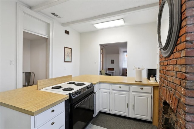 2224 Dumaine St, New Orleans, LA 70119 - kitchen with electric range, light countertops, beam ceiling, white cabinets, and a peninsula
