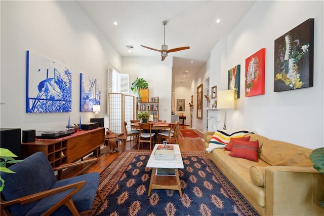 3217 Dauphine St, New Orleans, LA 70117 - living room with wood finished floors, ceiling fan, and recessed lighting