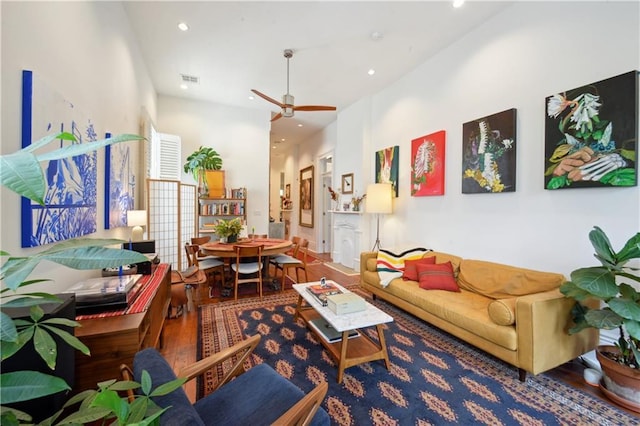 3217 Dauphine St, New Orleans, LA 70117 - living area featuring wood finished floors, ceiling fan, and recessed lighting