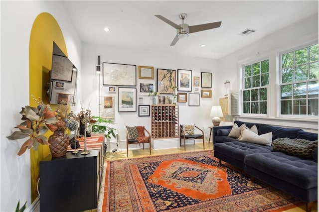 3217 Dauphine St, New Orleans, LA 70117 - living room with baseboards, ceiling fan, recessed lighting, and wood finished floors