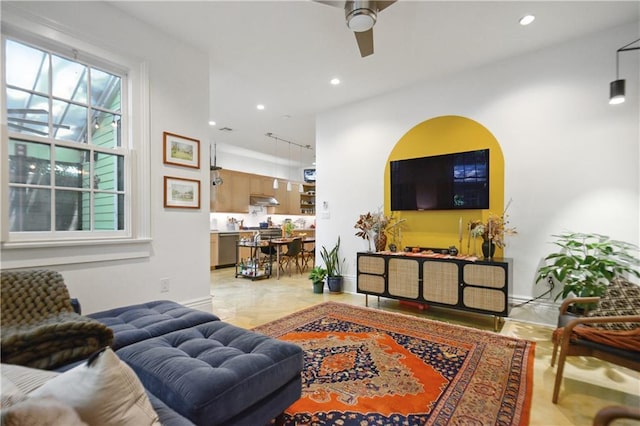 3217 Dauphine St, New Orleans, LA 70117 - living area featuring a ceiling fan, recessed lighting, and baseboards