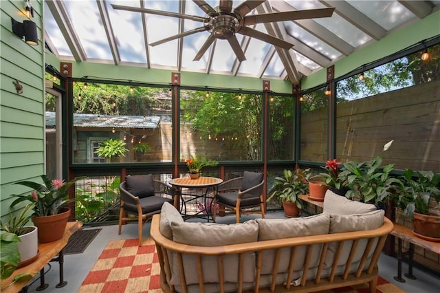 3217 Dauphine St, New Orleans, LA 70117 - sunroom with ceiling fan, an outdoor living space, and outdoor dining area