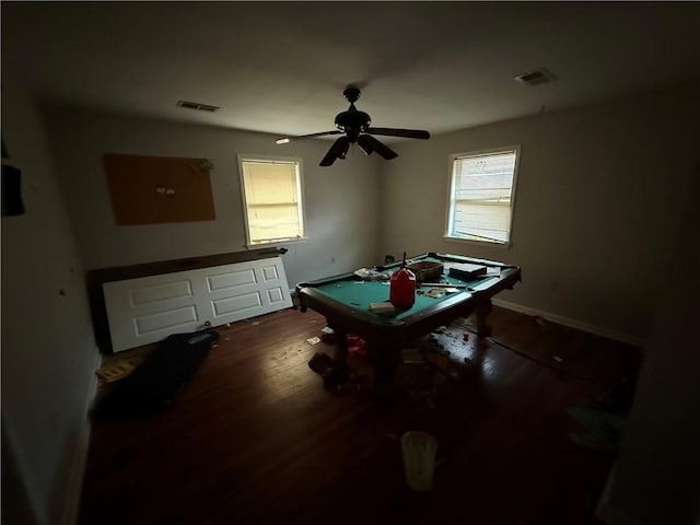 game room with healthy amount of natural light, wood finished floors, ceiling fan, and baseboards