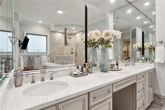 486 Cercle Du Lac, Covington, LA 70433 - full bathroom with double vanity, a shower, and ornamental molding