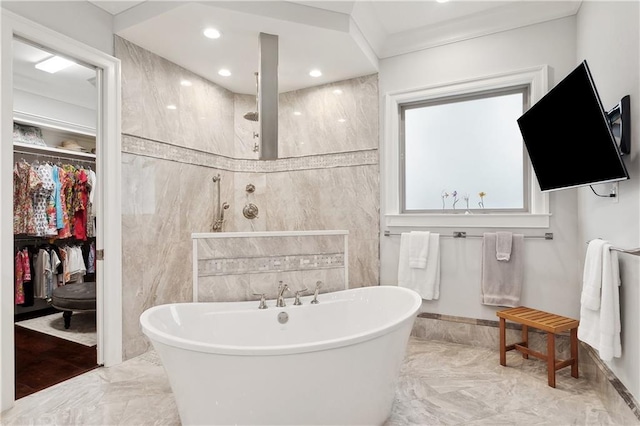 486 Cercle Du Lac, Covington, LA 70433 - bathroom featuring marble tiled floors, a walk in shower, a soaking tub, and a spacious closet