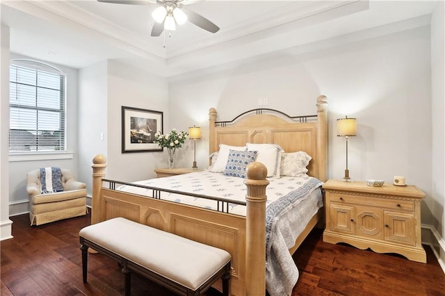 486 Cercle Du Lac, Covington, LA 70433 - bedroom featuring dark wood-type flooring, a tray ceiling, baseboards, and a ceiling fan
