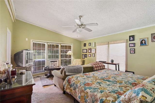 16768 Kat Kaw Rd, Franklinton, LA 70438 - carpeted bedroom featuring ornamental molding, vaulted ceiling, a textured ceiling, multiple windows, and a ceiling fan