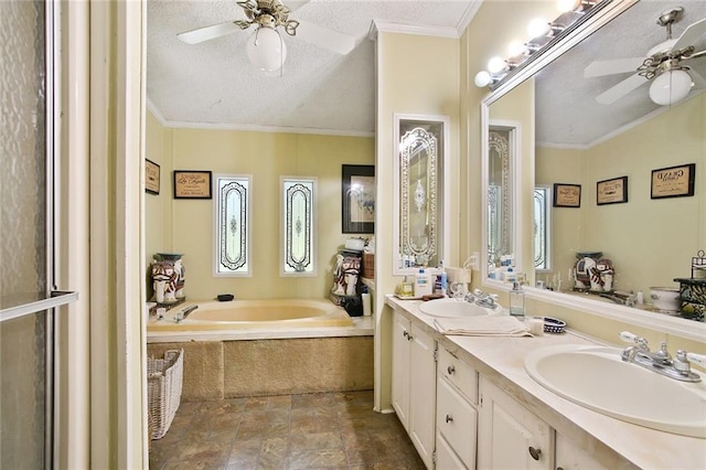 16768 Kat Kaw Rd, Franklinton, LA 70438 - full bath with a ceiling fan, stone finish flooring, a garden tub, a textured ceiling, and double vanity