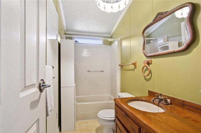 16768 Kat Kaw Rd, Franklinton, LA 70438 - bathroom featuring toilet, vanity, a textured ceiling, ornamental molding, and tub / shower combination