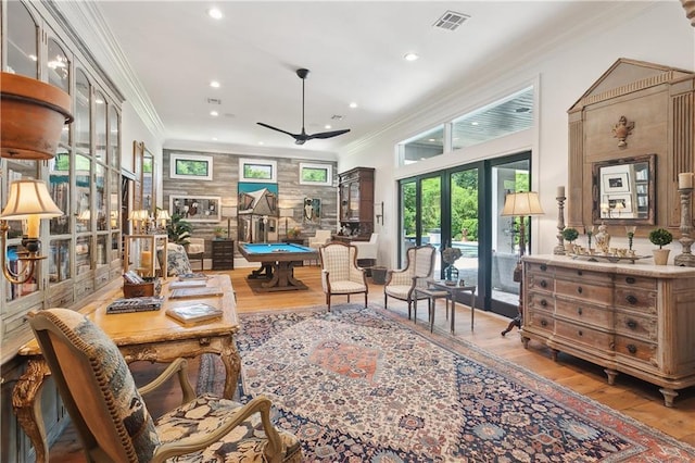 181 Windermere Way, Madisonville, LA 70447 - living area with crown molding, billiards, wood finished floors, ceiling fan, and french doors