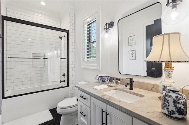 181 Windermere Way, Madisonville, LA 70447 - bathroom featuring vanity, toilet, shower / bath combination with glass door, crown molding, and recessed lighting