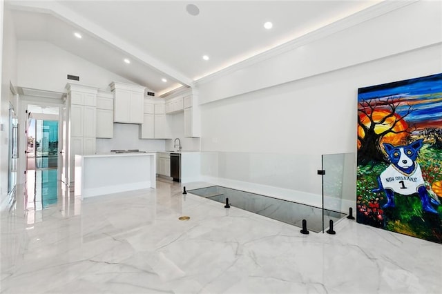 8116 Breakwater Dr, New Orleans, LA 70124 - living room with recessed lighting, light marble finish floors, and lofted ceiling