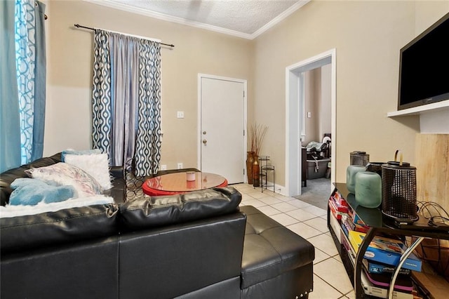 934 Brooklyn St, New Orleans, LA 70114 - living room featuring light tile patterned floors, crown molding, and a textured ceiling