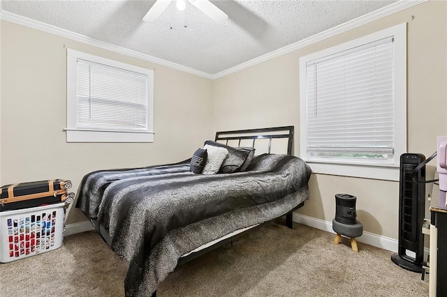 934 Brooklyn St, New Orleans, LA 70114 - bedroom with carpet, a textured ceiling, ornamental molding, baseboards, and ceiling fan