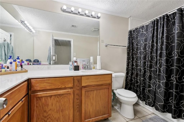 934 Brooklyn St, New Orleans, LA 70114 - full bathroom featuring toilet, a textured ceiling, tile patterned flooring, vanity, and crown molding